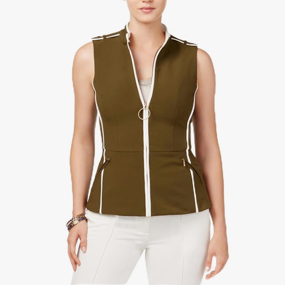 XOXO Women Embroirdered Zip Up Vest Olive Green